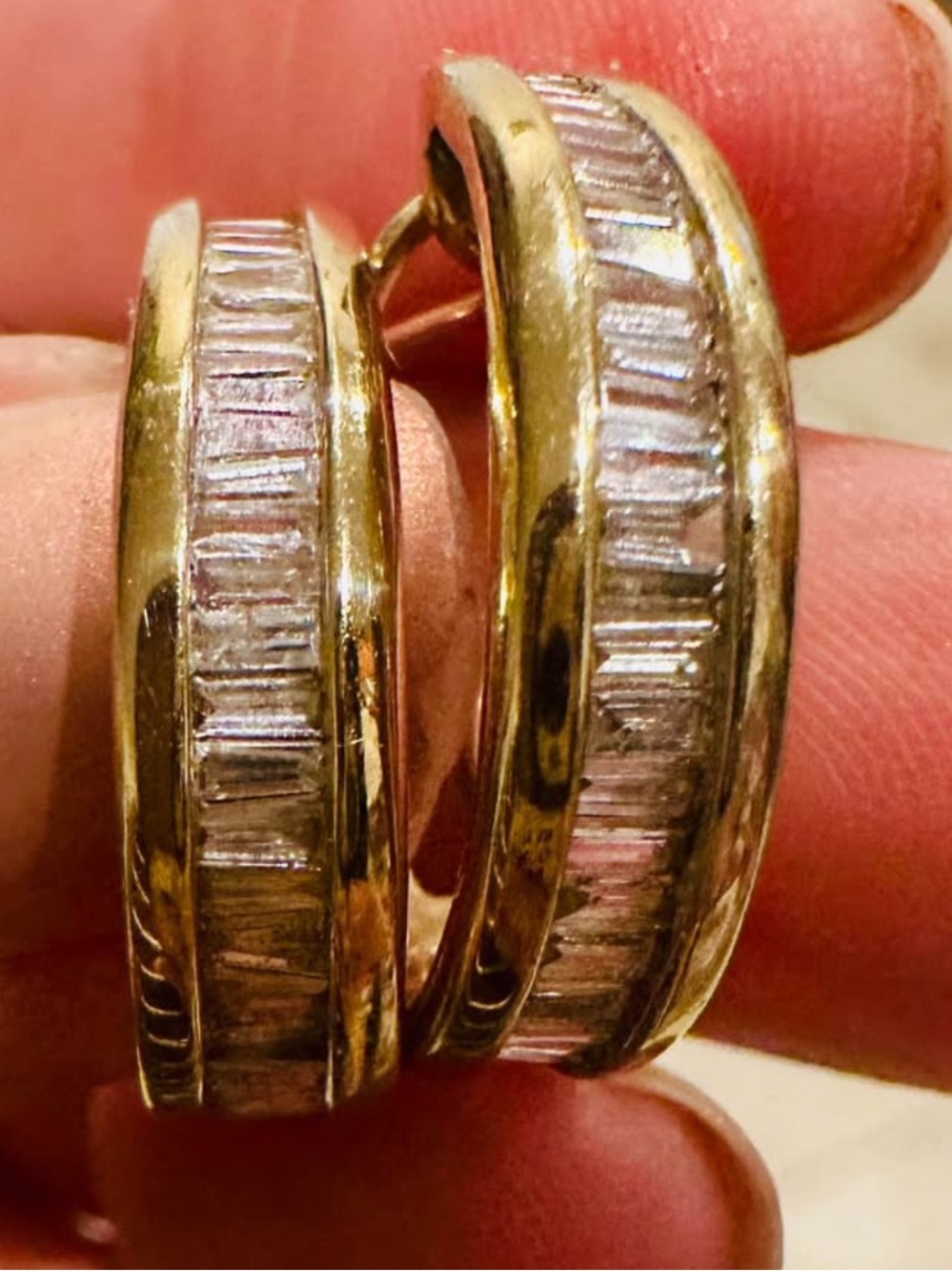 Large 10K Gold Diamond Earrings Omega Hoop Hoops Natural Diamond emerald cut 10K
